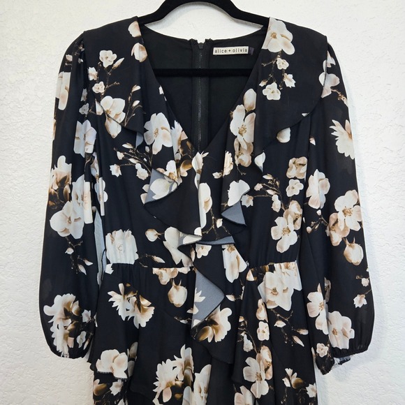 Alice + Olivia 6 Kye Floral Ruffle Midi Dress Black White Flowers Party Cocktail - Picture 2 of 11
